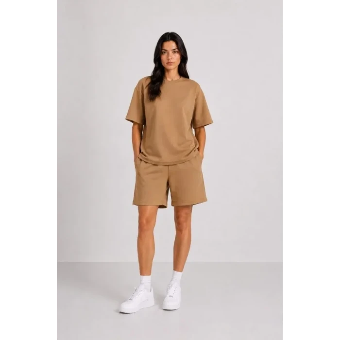 Premium Osy Modal Yumuşak Dokulu Tişört Cepli Şort Alt Üst Takım - Kahverengi