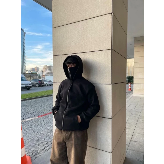 Samuray Ninja Çift Kapşonlu Zıp Fermuarlı Kanguru Çepli Tam Fermuarlı Hoodie Swetshirt - Siyah