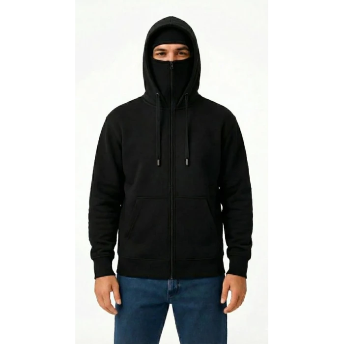 Samuray Ninja Çift Kapüşonlu Zıp Fermuarlı Kanguru Cepli Tam Fermuarlı Hoodie Sweatshirt - Siyah