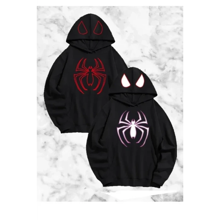 Sevgili Çift Kombini Örümcek Baskılı Kapüşonlu Sweatshirt Hoodie - Siyah
