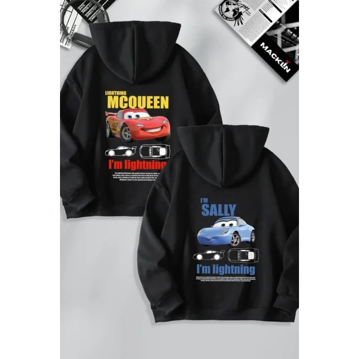 Sevgililer Günü Araba Baskılı Oversize Kapüşonlu Sweatshirt Hoodie - Siyah