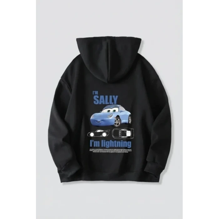 Sevgililer Günü Araba Temalı Baskılı Oversize Kapüşonlu Sweatshirt Hoodie - Siyah
