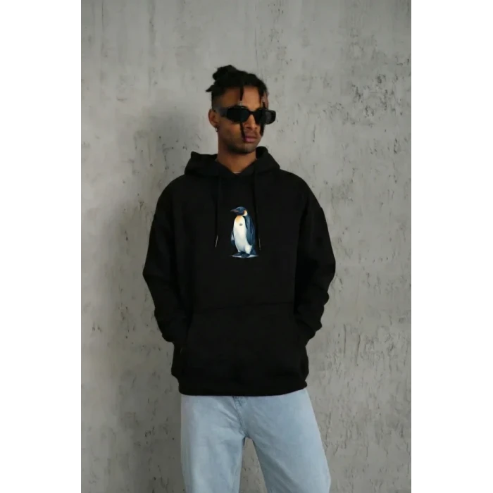 Siyah Oversize Hoodie - Sırt Baskılı Survivor Penguin Temalı, Felsefi Yazılı Kapüşonlu Sweatshirt - Siyah
