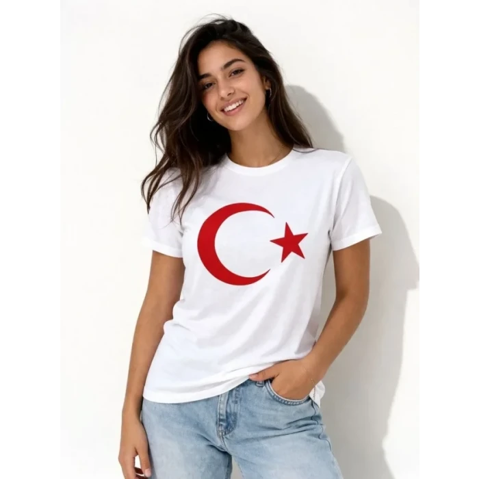 T-shirt Kısa Kol Bisiklet Yaka Ay Yıldız Bayrak Baskılı Tişört - Beyaz