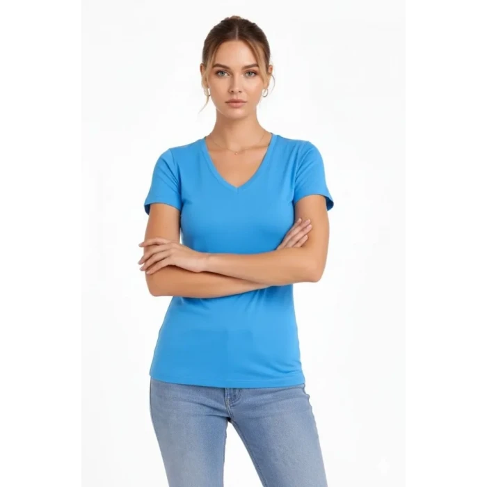 T-shirt V Yaka Slim Fit Likralı Tişört Günlük Basic Body - Açık Mavi