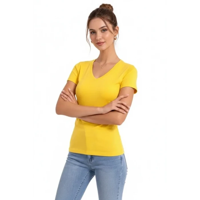 T-shirt V Yaka Slim Fit Likralı Tişört Günlük Basic Body - Sarı