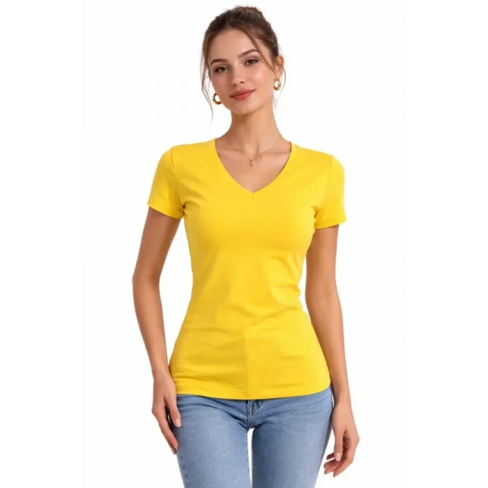 T-shirt V Yaka Slim Fit Likralı Tişört Günlük Basic Body - Sarı