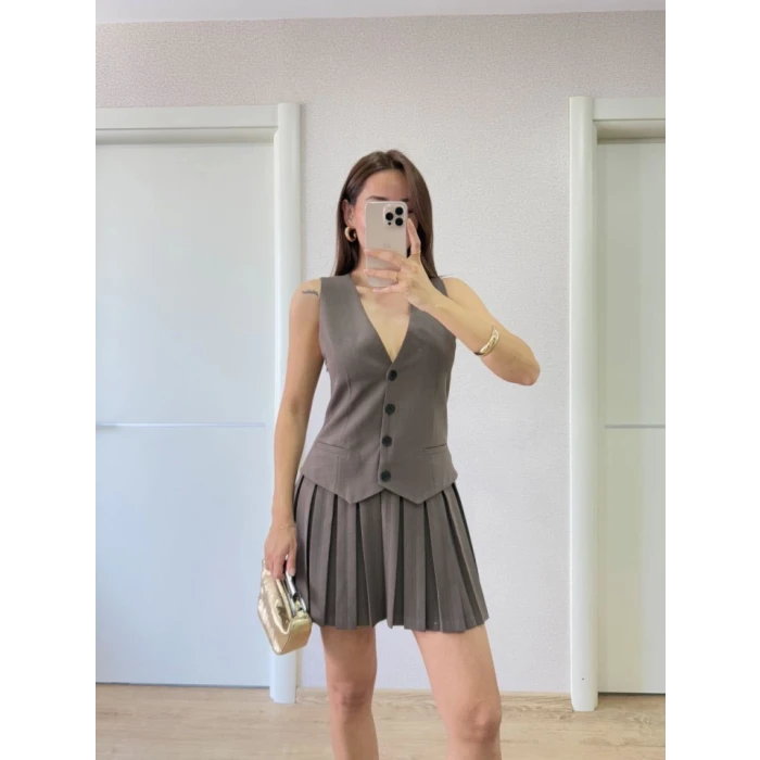 Takım Görünümlu Yelekli Mini Elbise- Füme