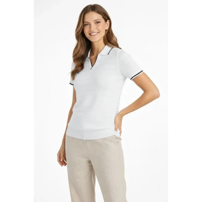 Triko Kumaş Yakalı Düğmesiz Açık Yaka Fitilli Kısa Kollu Regular Fit Tişört T-shirt - Beyaz