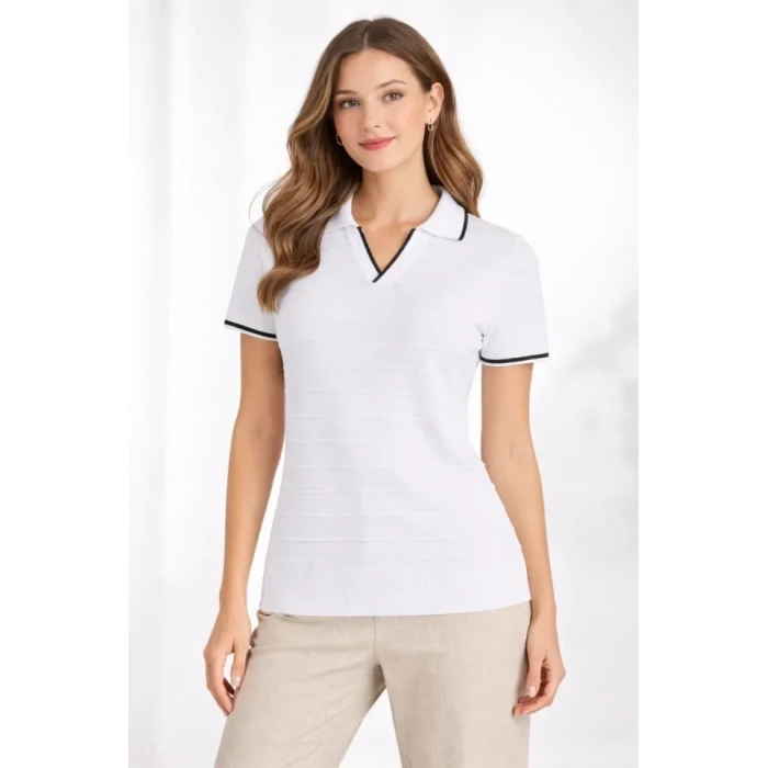 Triko Kumaş Yakalı Düğmesiz Açık Yaka Fitilli Kısa Kollu Regular Fit Tişört T-shirt - Beyaz