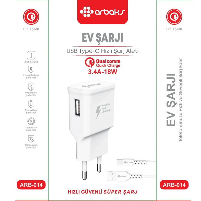 TYPE-C / 3.4A-18W Qualcomm Hızlı Şarj Aleti ARB-014