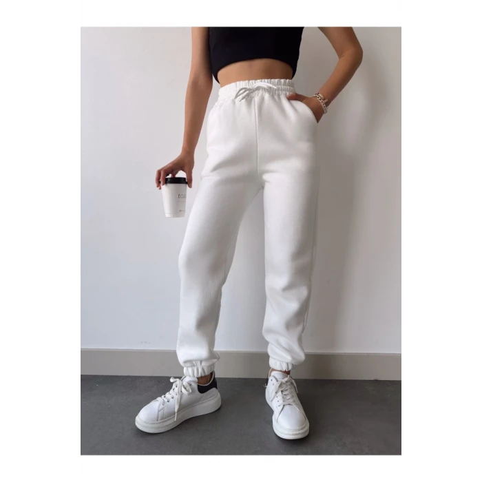 Üç İplik Basic Lastikli Eşofman Pantolon - Beyaz