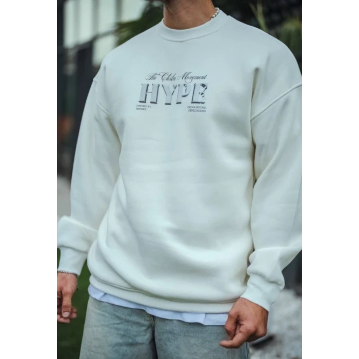 Üç İplik Bisiklet Yaka Baskılı Sweatshirt - Beyaz
