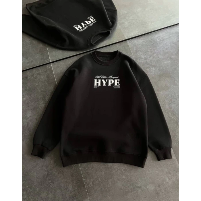 Üç İplik Bisiklet Yaka Baskılı Sweatshirt - Siyah