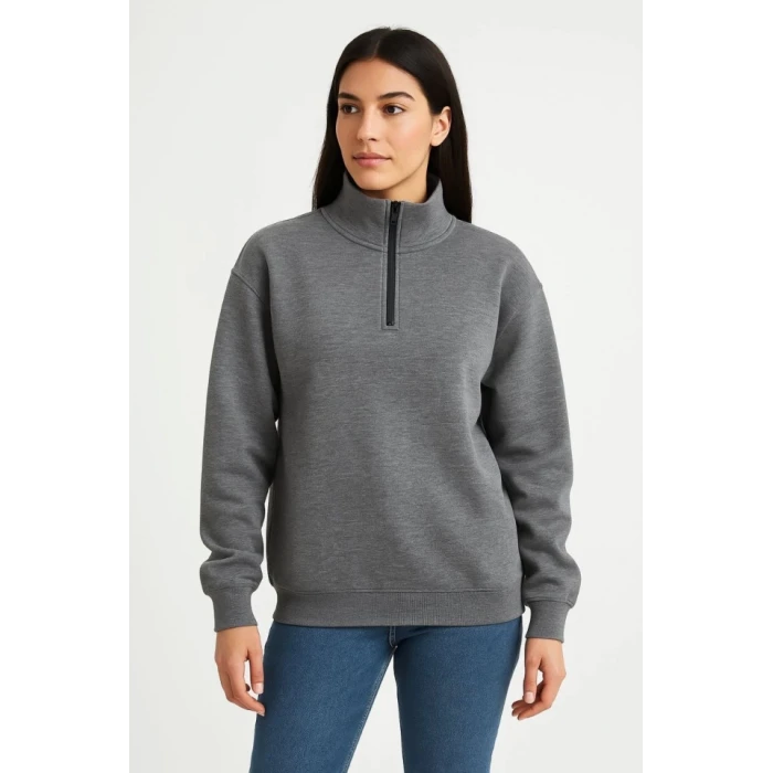Üç İplik Dık Yaka Yarım Fermuarlı Sweatshirt - Antrasit