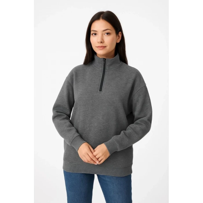 Üç İplik Dık Yaka Yarım Fermuarlı Sweatshirt - Antrasit