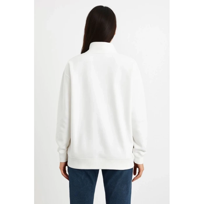 Üç İplik Dık Yaka Yarım Fermuarlı Sweatshirt - Beyaz