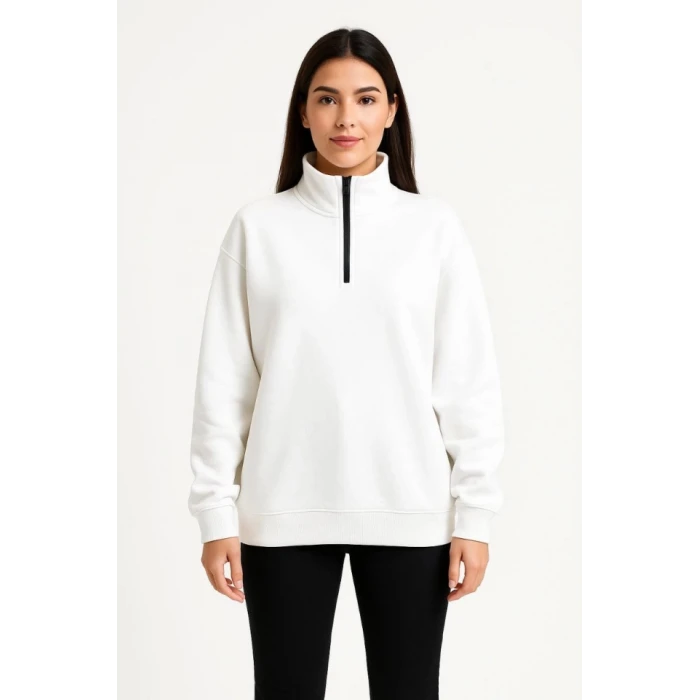 Üç İplik Dık Yaka Yarım Fermuarlı Sweatshirt - Beyaz