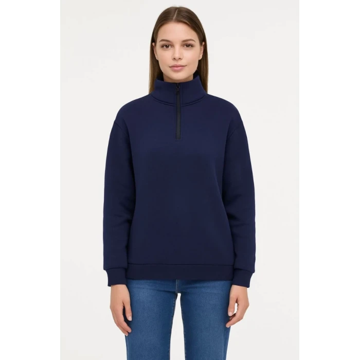 Üç İplik Dık Yaka Yarım Fermuarlı Sweatshirt - Lacivert