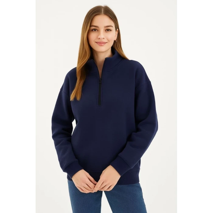 Üç İplik Dık Yaka Yarım Fermuarlı Sweatshirt - Lacivert