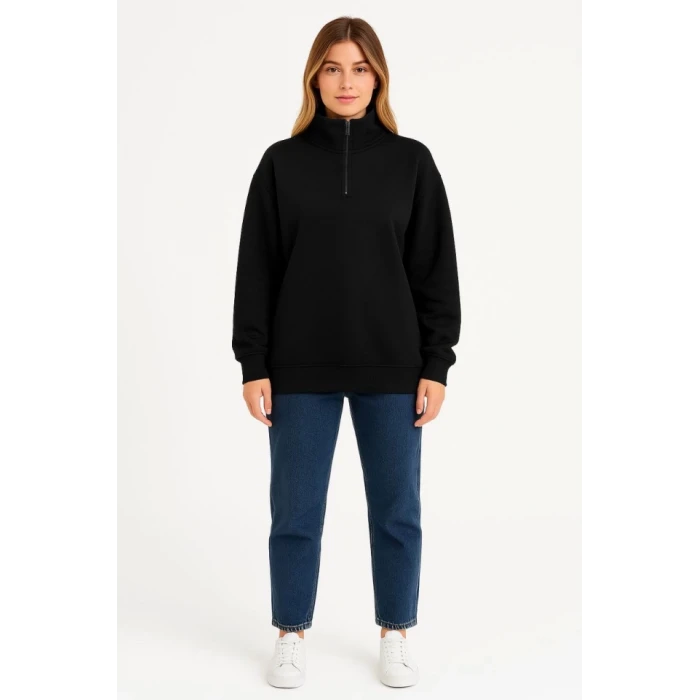 Üç İplik Dık Yaka Yarım Fermuarlı Sweatshirt - Siyah