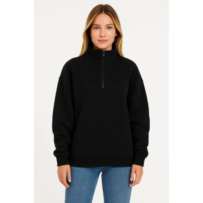 Üç İplik Dık Yaka Yarım Fermuarlı Sweatshirt - Siyah