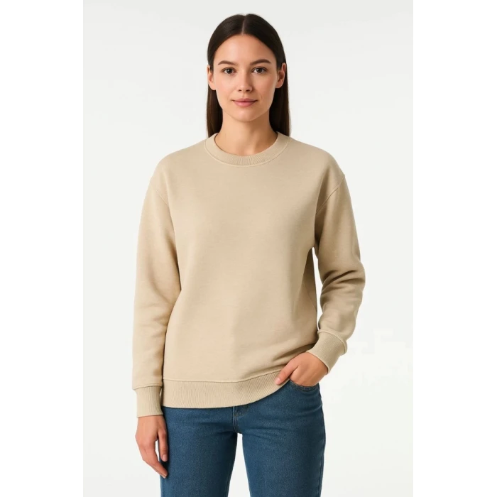 Üç İplik Düz Bisiklet Yaka Sweatshirt - Bej
