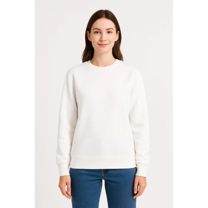 Üç İplik Düz Bisiklet Yaka Sweatshirt - Beyaz