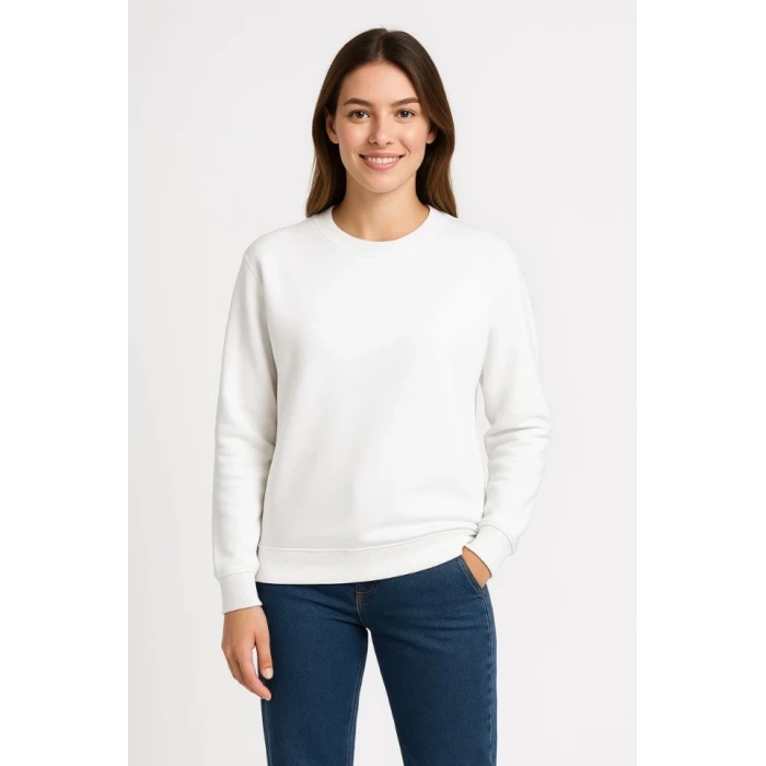 Üç İplik Düz Bisiklet Yaka Sweatshirt - Beyaz