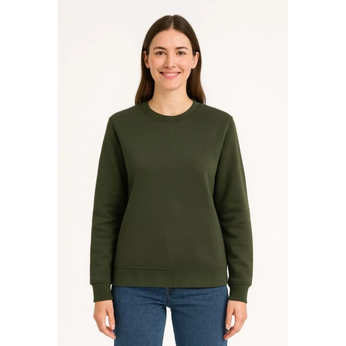 Üç İplik Düz Bisiklet Yaka Sweatshirt - Haki