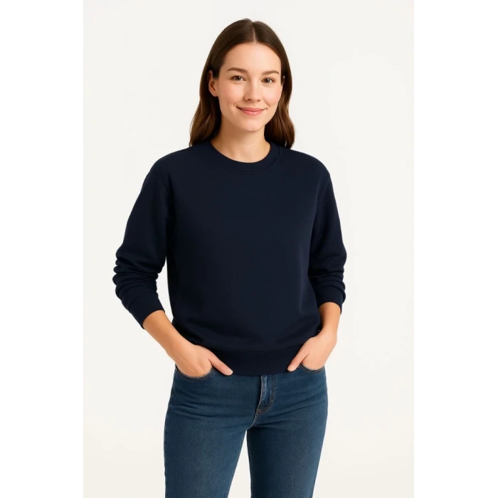 Üç İplik Düz Bisiklet Yaka Sweatshirt - Lacivert