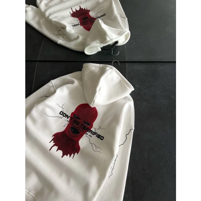 Üç İplik Kapşonlu Baskılı Oversize Sweatshirt- Beyaz