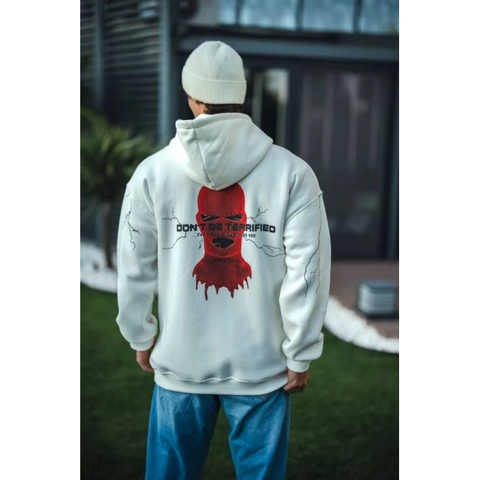 Üç İplik Kapşonlu Baskılı Oversize Sweatshirt- Beyaz