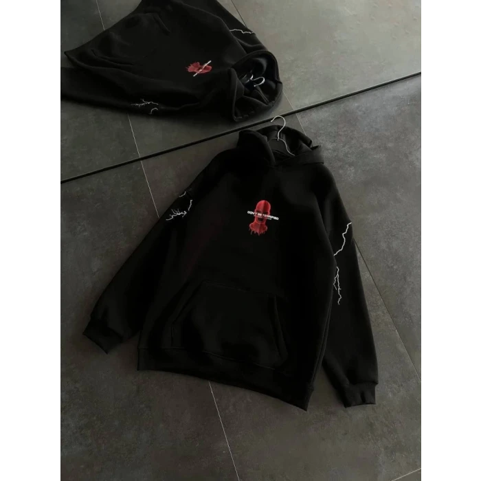 Üç İplik Kapşonlu Baskılı Oversize Sweatshirt- Siyah