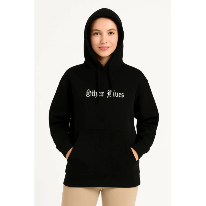 Üç İplik Kapşonlu Ön Ve Arka Baskılı Sweatshirt Hoodie- Siyah