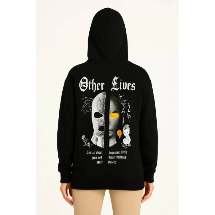 Üç İplik Kapşonlu Ön Ve Arka Baskılı Sweatshirt Hoodie- Siyah