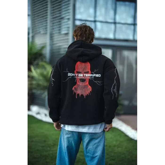 Üç İplik Kapüşonlu Baskılı Oversize Sweatshirt- Siyah