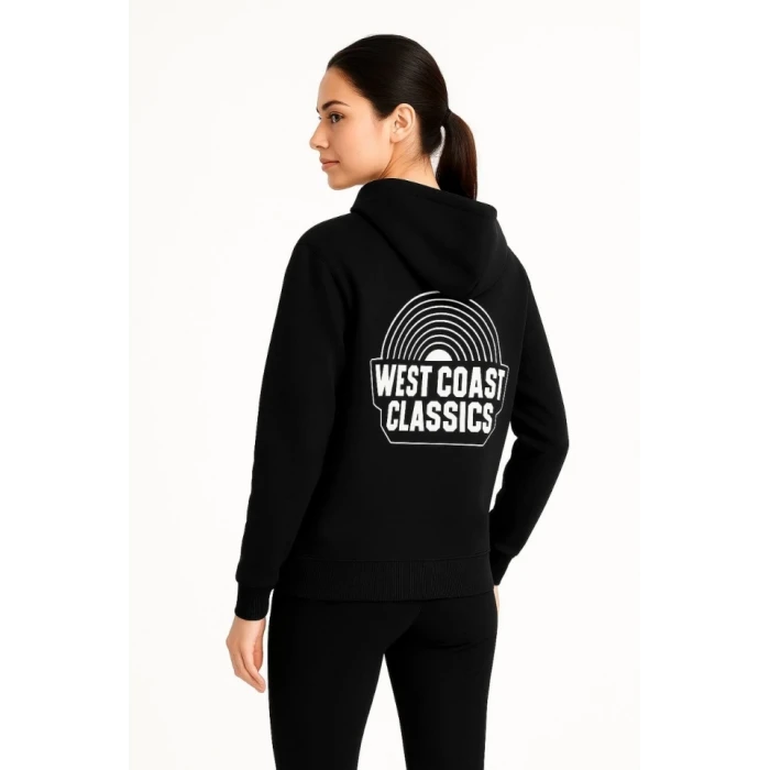 Üç İplik Kapüşonlu Ön Ve Arka Baskılı Sweatshirt Hoodie - Siyah