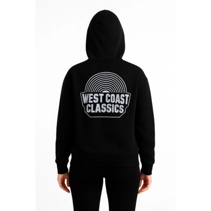 Üç İplik Kapüşonlu Ön Ve Arka Baskılı Sweatshirt Hoodie - Siyah