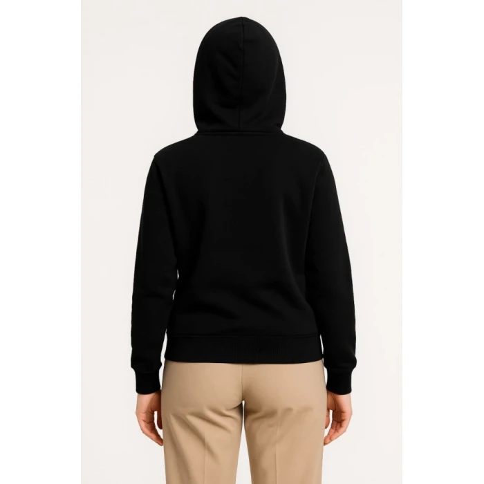 Üç İplik Kapüşonlu Tam Fermuarlı Kanguru Çepli Sweatshirt Hoodie - Siyah