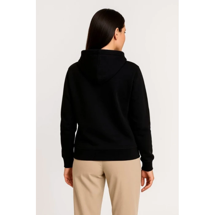 Üç İplik Kapüşonlu Tam Fermuarlı Kanguru Çepli Sweatshirt Hoodie - Siyah