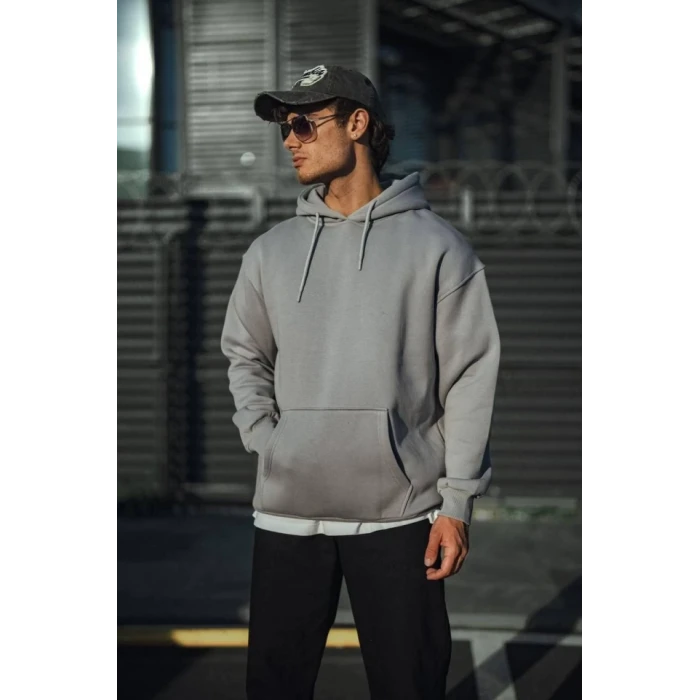Üç İplik Penye Kapşonlu Basic Sweatshirt - Boyalı Gri