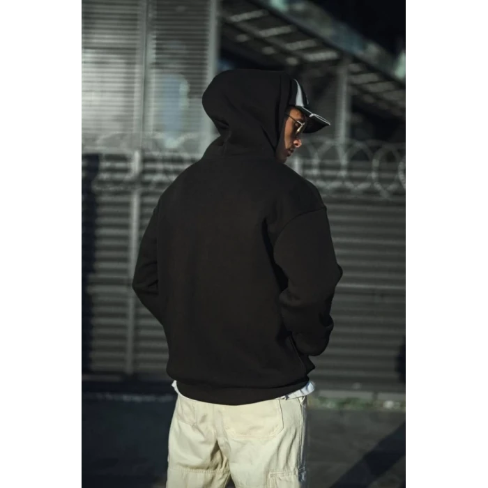 Üç İplik Penye Kapşonlu Basic Sweatshirt - Siyah