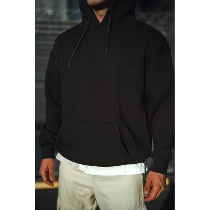 Üç İplik Penye Kapşonlu Basic Sweatshirt - Siyah
