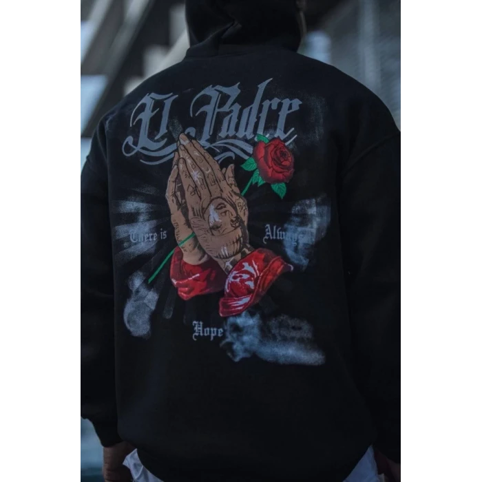 Üç İplik Penye Kapşonlu Baskılı Sweatshirt - Siyah