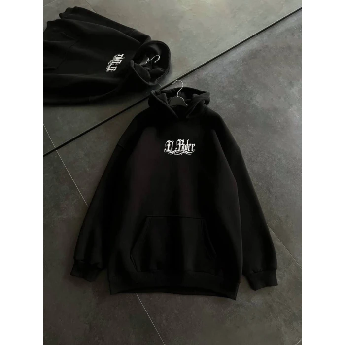 Üç İplik Penye Uzun Kol Kapşonlu Baskılı Sweatshirt - Siyah