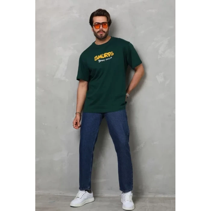 Unisex Basic Bisiklet Yaka Oversize T-shirt - Yeşil