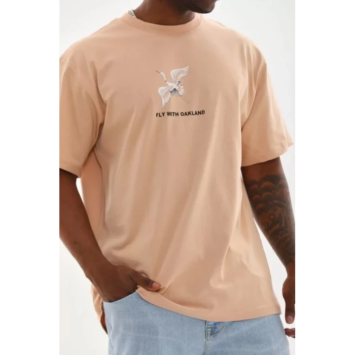 Unisex Baskılı Oversize T-shirt - Bej