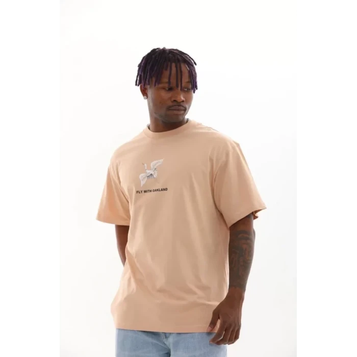 Unisex Baskılı Oversize T-shirt - Bej