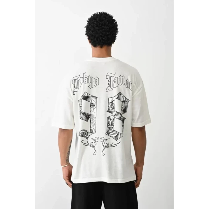 Unisex Baskılı Oversize T-shirt - Beyaz